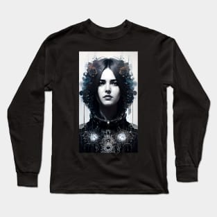 Black and White Portrait of a Girl with flowers Long Sleeve T-Shirt